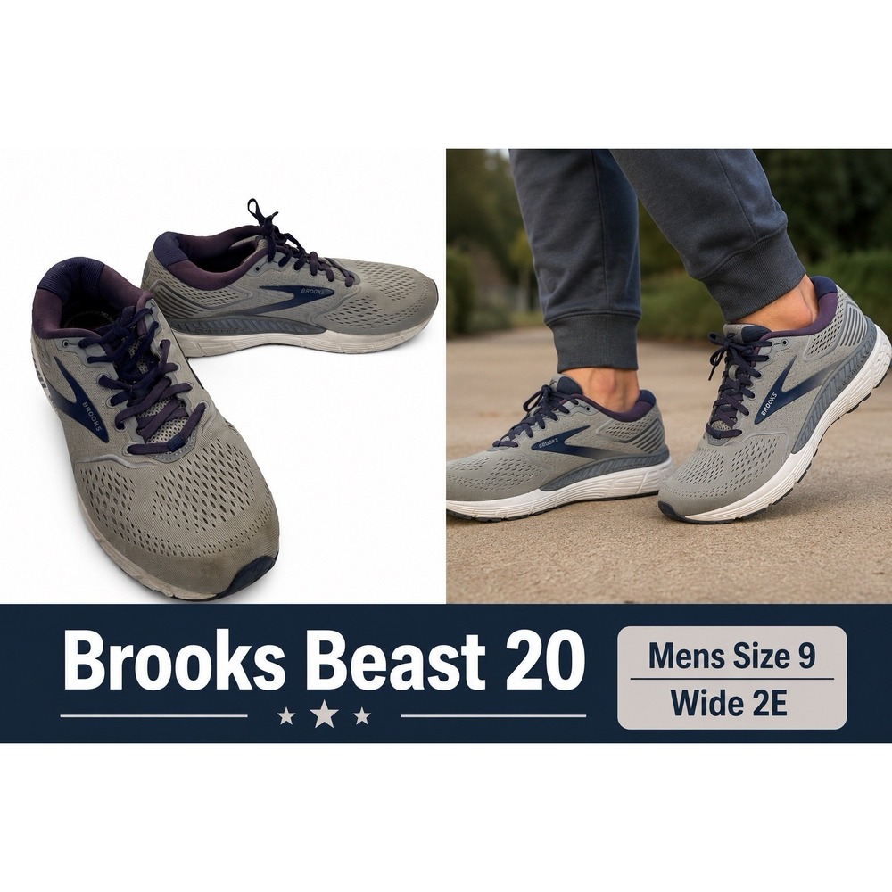 Brooks Beast 20 Running Shoes Men's 9 Wide 2E Gray Purple Stability Athletic